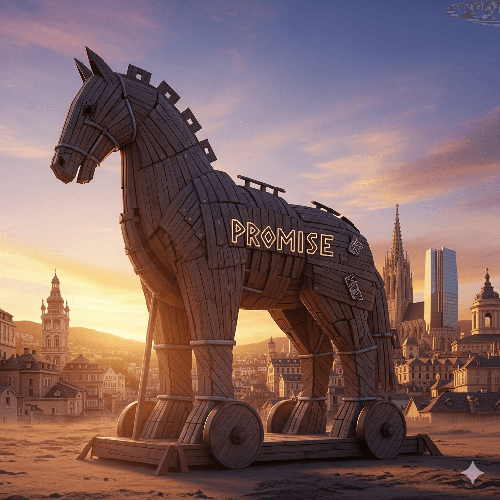 A large wooden Trojan horse, symbolizing a powerful, hidden change agent.